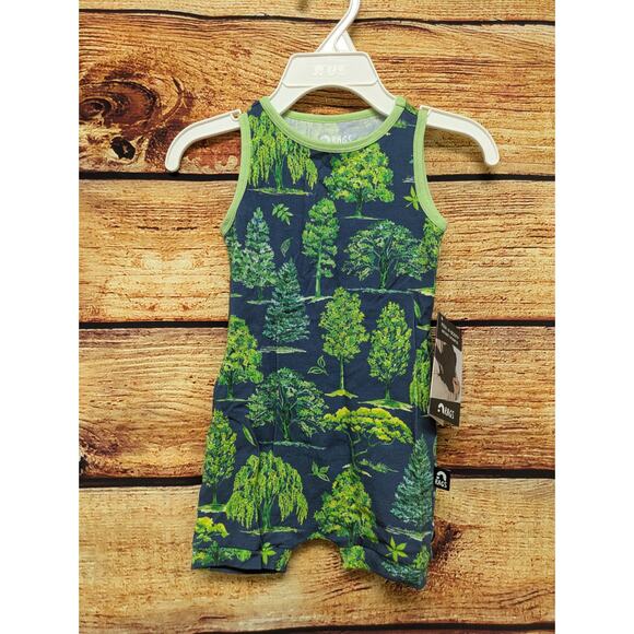 NEW RAGS Navy Blue Green Tree Tank Peek A Booty Romper Size 6-9 months - Picture 1 of 5